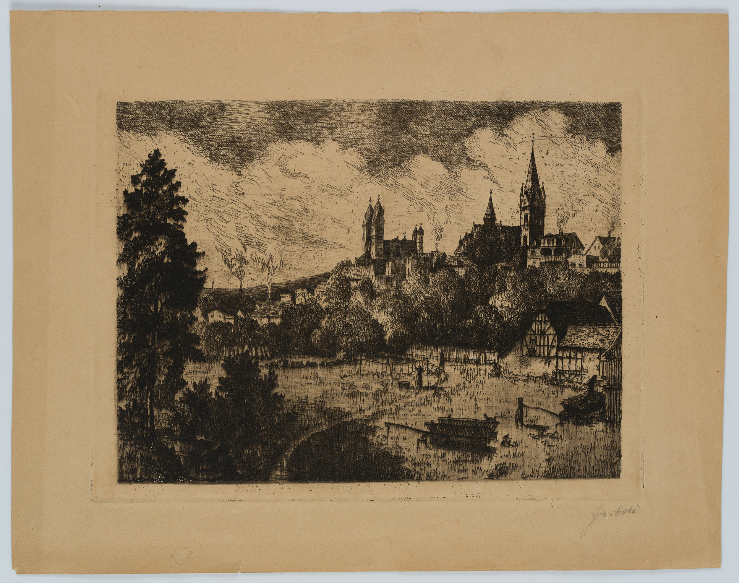 F. HERBOLD (20.Jhd), Stadtansicht mit Doppelturmkirche, um 1943, Rad. Moderne – Bild 2