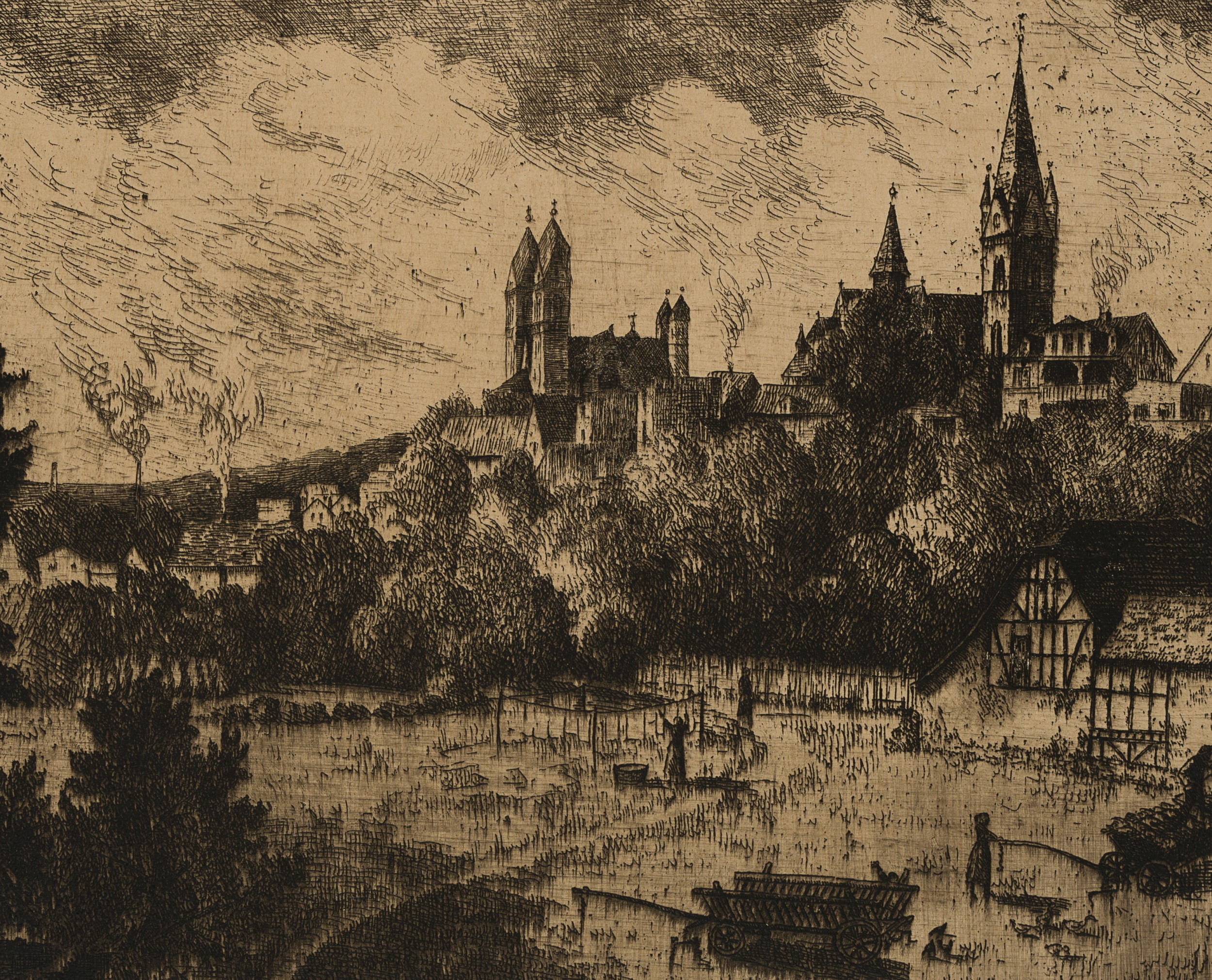 F. HERBOLD (20.Jhd), Stadtansicht mit Doppelturmkirche, um 1943, Rad. Moderne – Bild 3