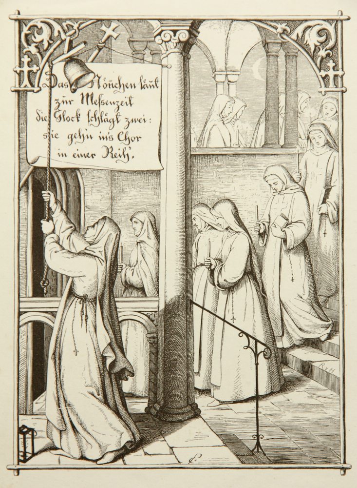 Müde Nonnengruppe mit Kerzen