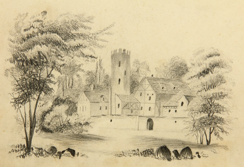 Gutshof im Wald mit Wehrturm