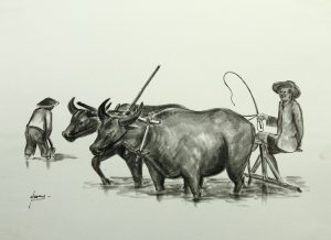 Asiatische Reisbauern beim Pflügen