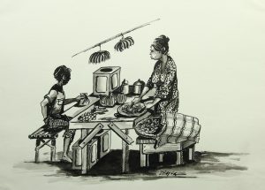 Asiatische Frauen sortieren Früchte