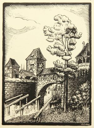 Stadt mit Befestigung am Fluss