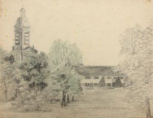 Park mit historistischem Kirchturm