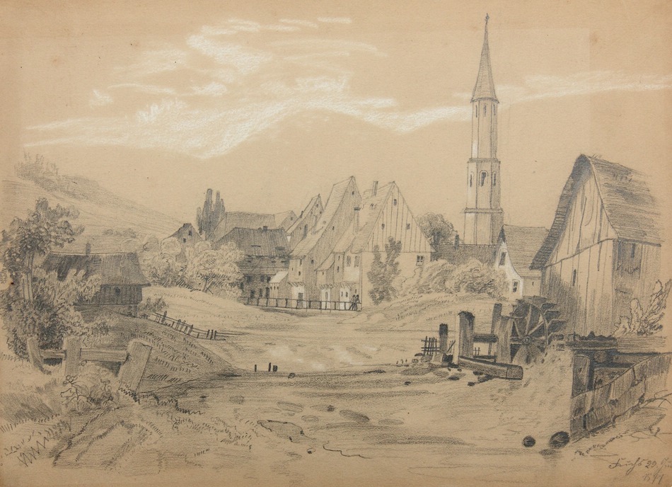 Ortschaft mit Wassermühle