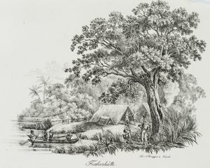 Fischerhütte am Ufer mit Boot