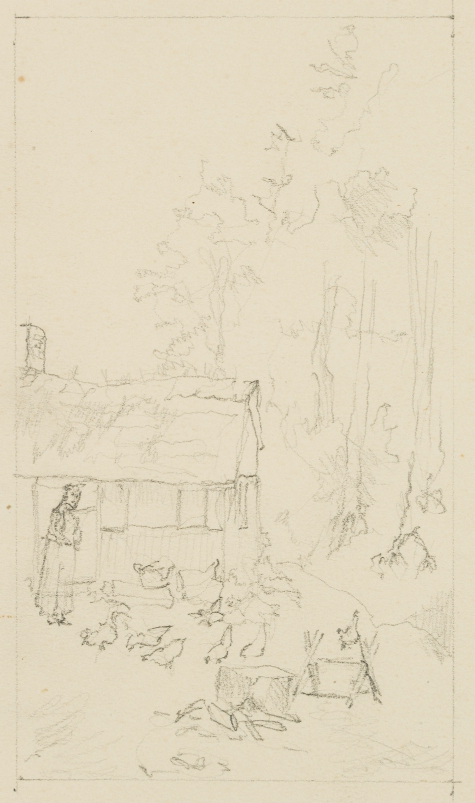 Magd mit Hühnern am Waldrand