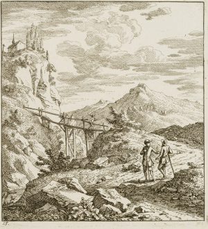 Wanderer unterwegs vor einer Brücke