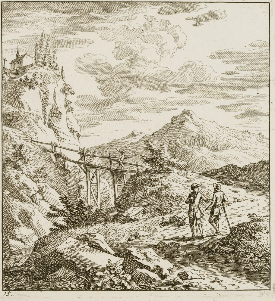 Wanderer unterwegs vor einer Brücke