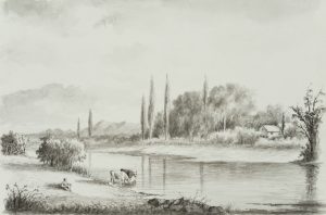 Flusslandschaft mit rastendem Hirten