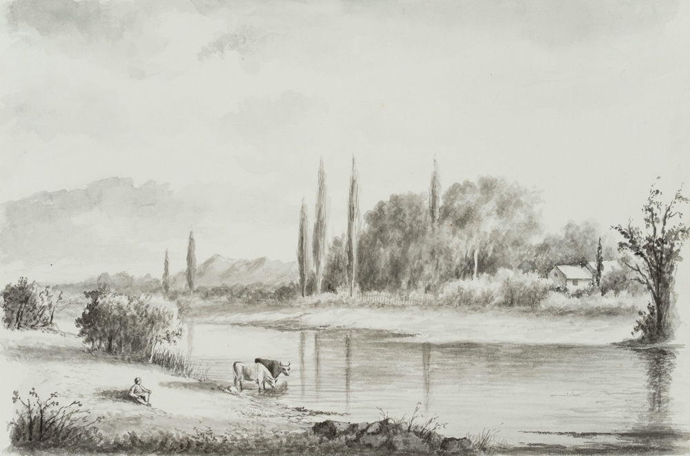 Flusslandschaft mit rastendem Hirten