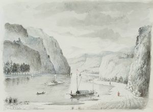 Romantisches Flusstal mit Flößern