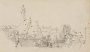 Klosterkirche in Hügellandschaft