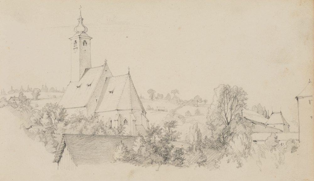 Klosterkirche in Hügellandschaft