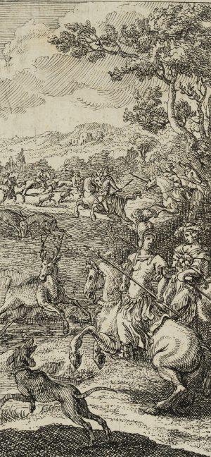 Reiter zur Hirschjagd mit Herr und Dame zu Pferd
