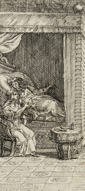 Interieurdarstellung. Dame am Bette sitzend