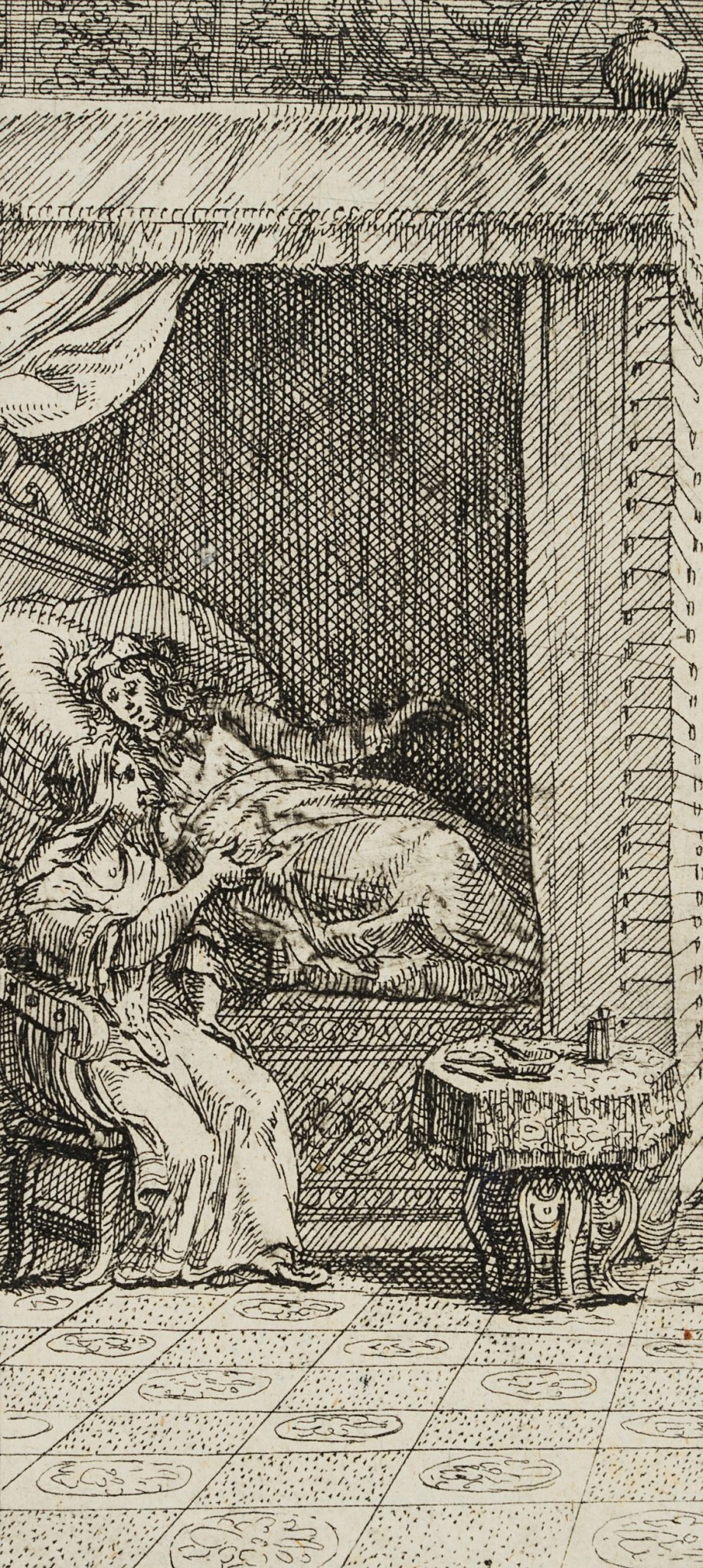 Interieurdarstellung. Dame am Bette sitzend