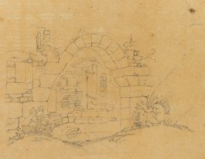Romantische Ruine mit Erntewerkzeug