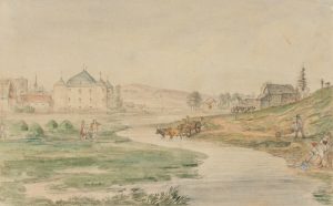 Furt am Fluss bei norddeutscher Wasserburg
