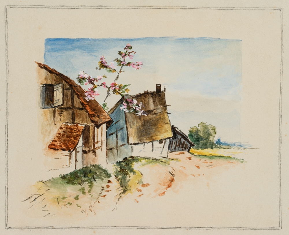 Siedlung mit Kirschblütenzweig
