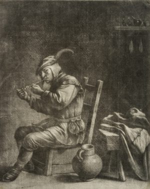 Sitzender Raucher in Kaufmannstracht