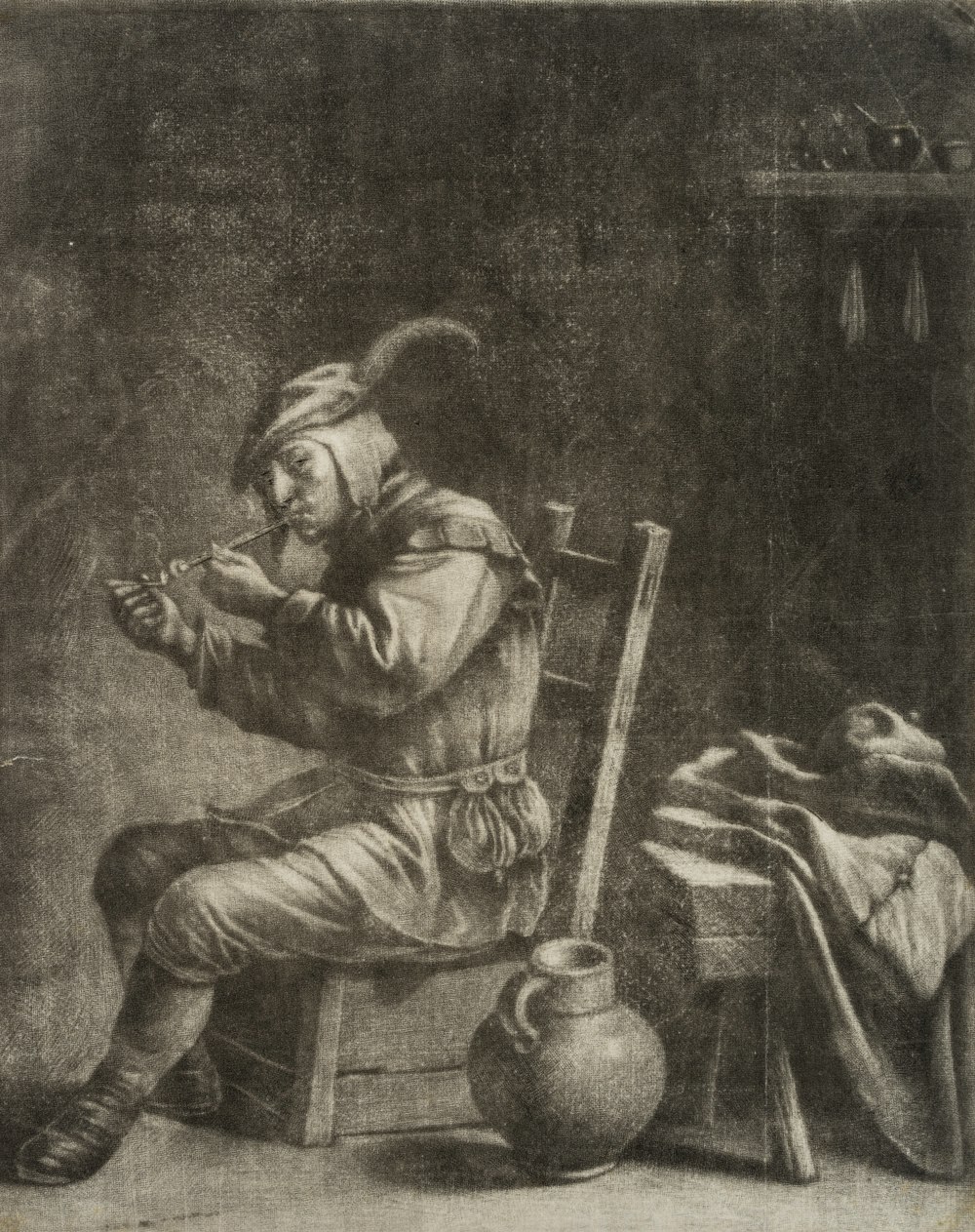 Sitzender Raucher in Kaufmannstracht