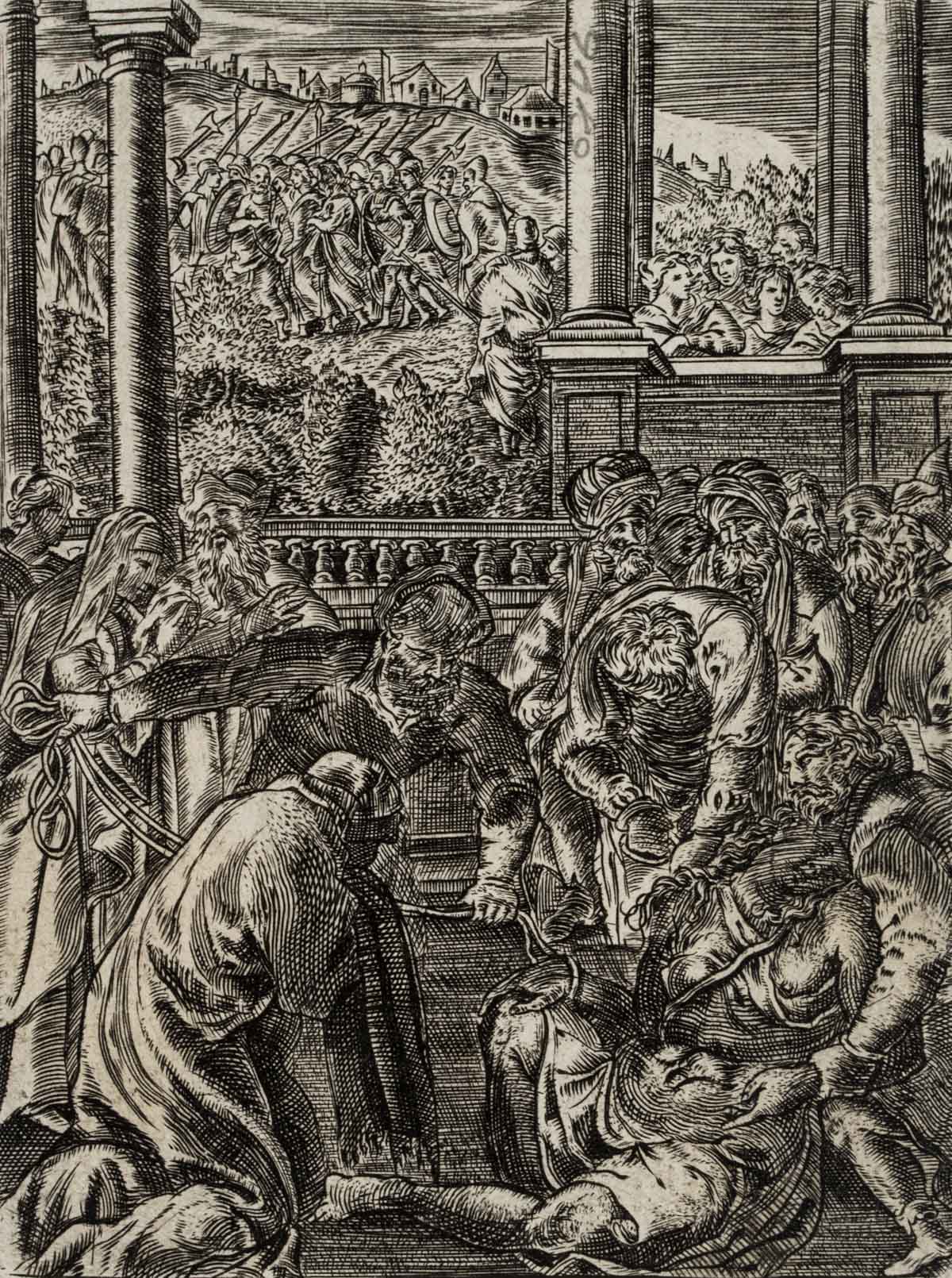 Bibl. Historienszene, Gefesselte Frau im Palast