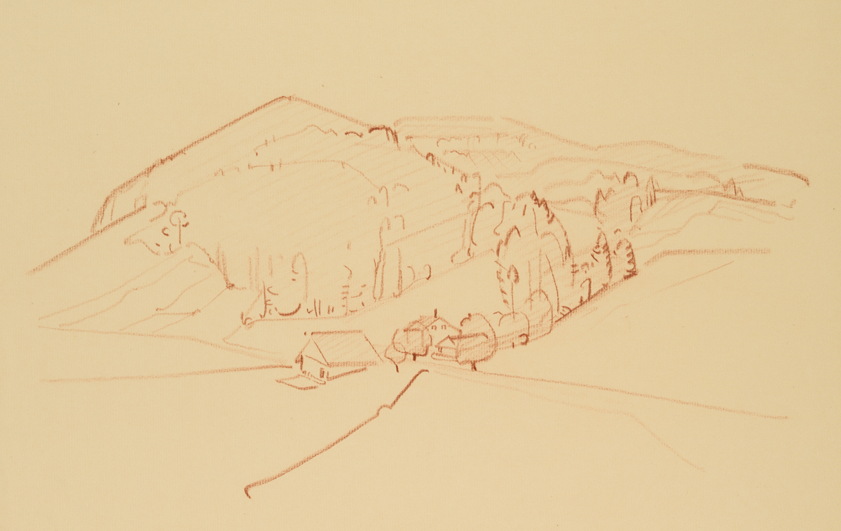 Blick in die Landschaft mit Dorf