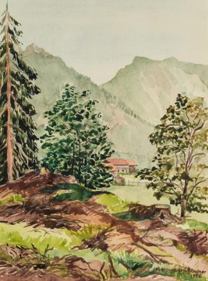 Bewaldete Landschaft mit Gehöft