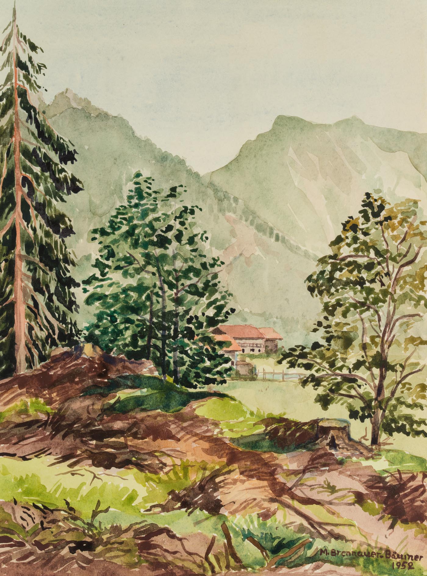 Bewaldete Landschaft mit Gehöft