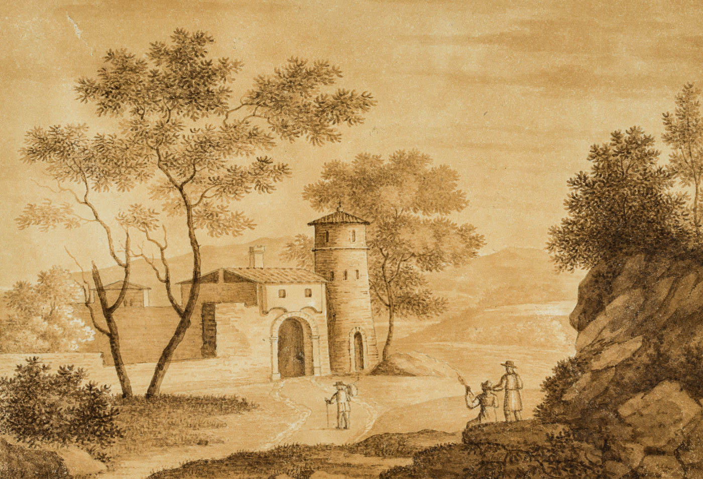 Italienische Landschaft mit Stadttor