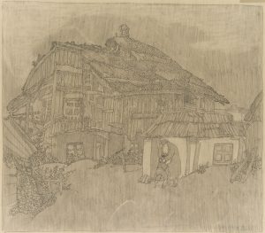 Großvater und Enkel vor Bauernhaus