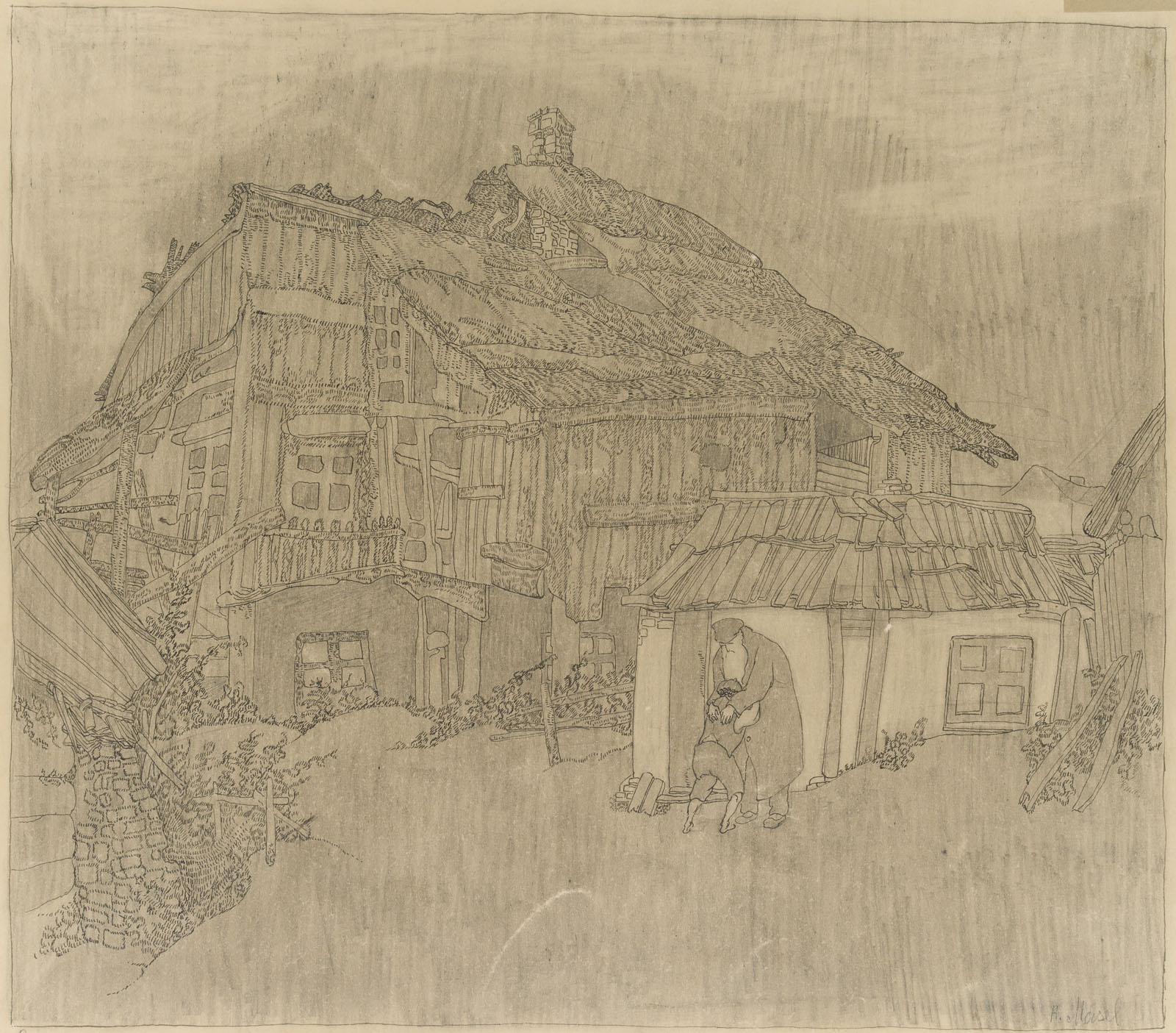 Großvater und Enkel vor Bauernhaus