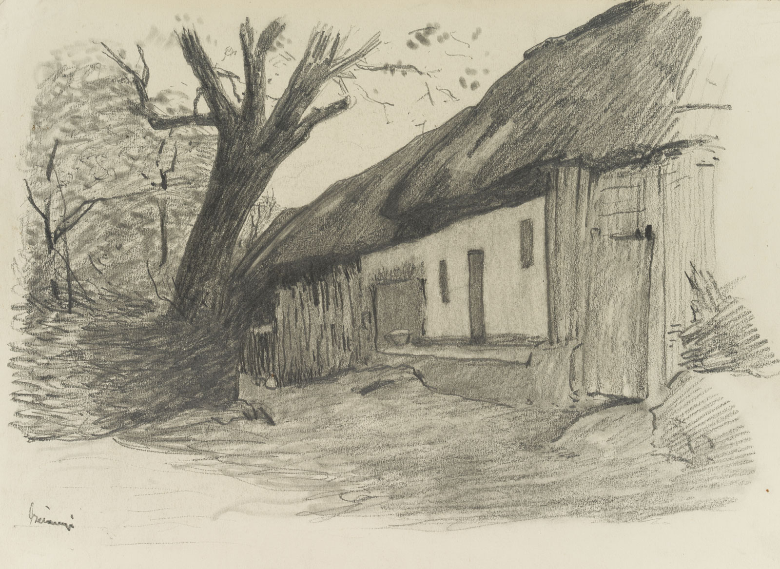 Reetdachhaus und Baum