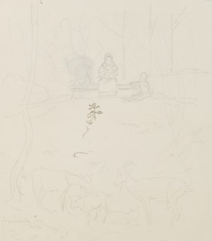 Waldlichtung mit Figuren und Ziegen
