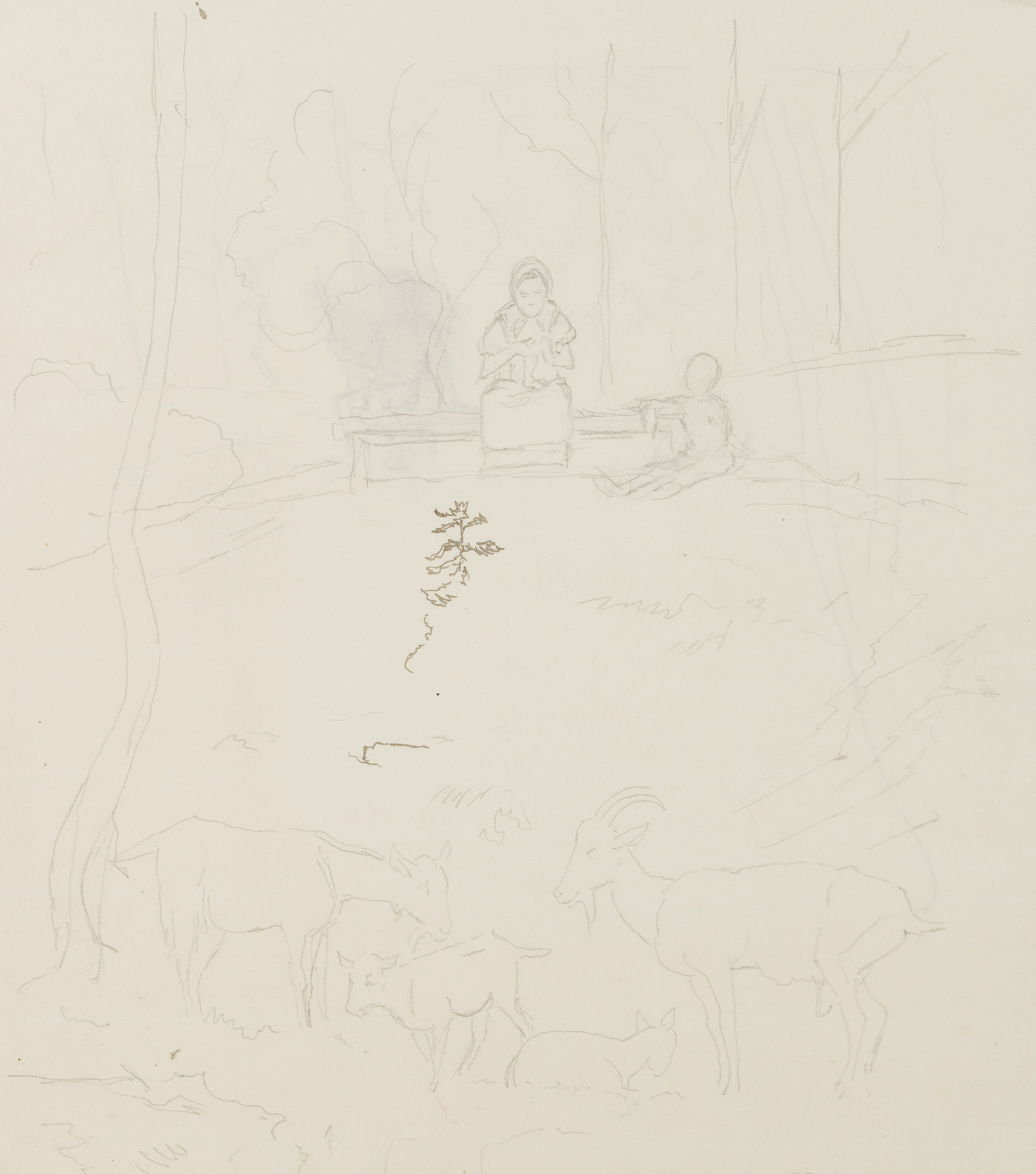 Waldlichtung mit Figuren und Ziegen
