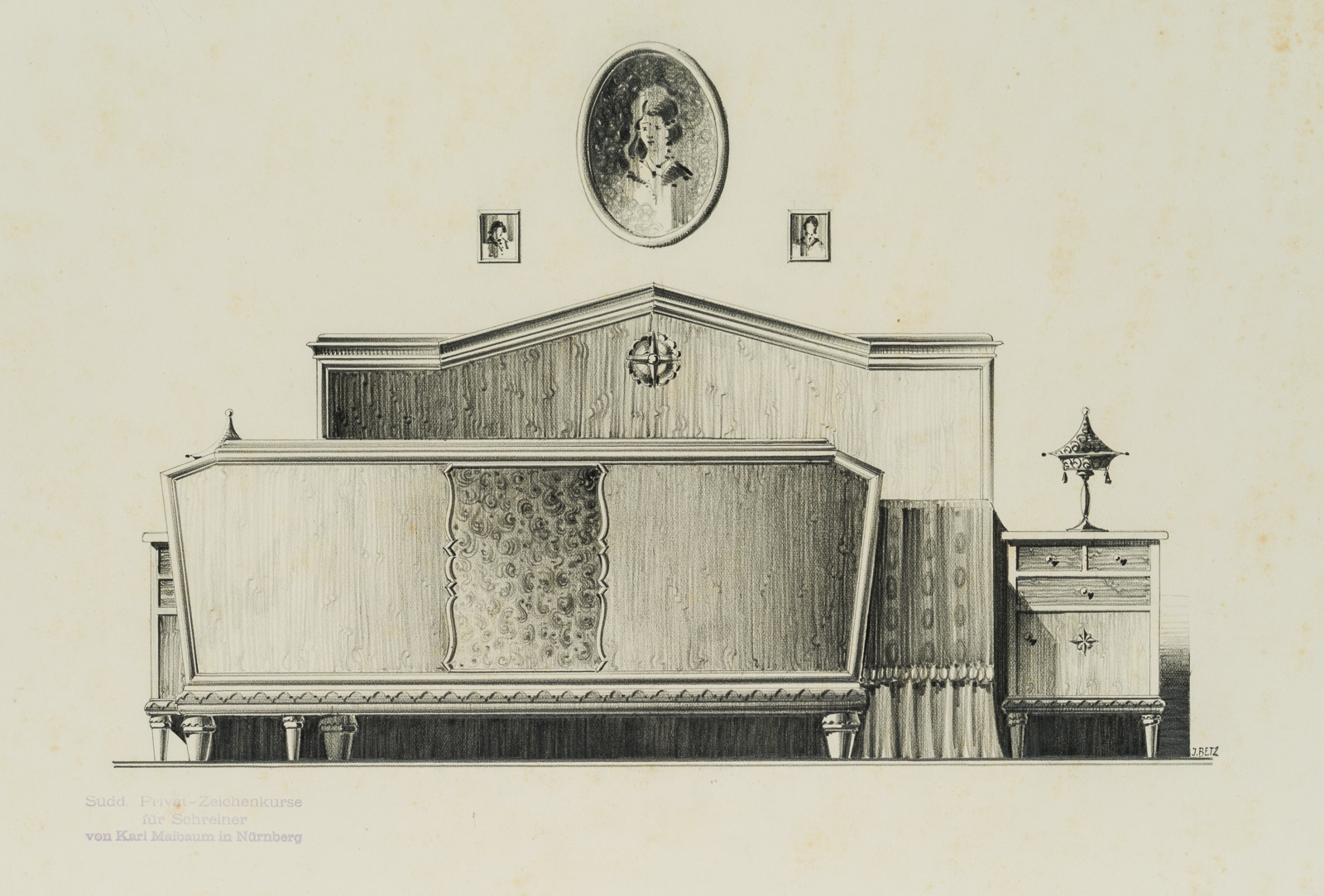 Entwürfe v. Stilmöbeln, Bett, 1930er