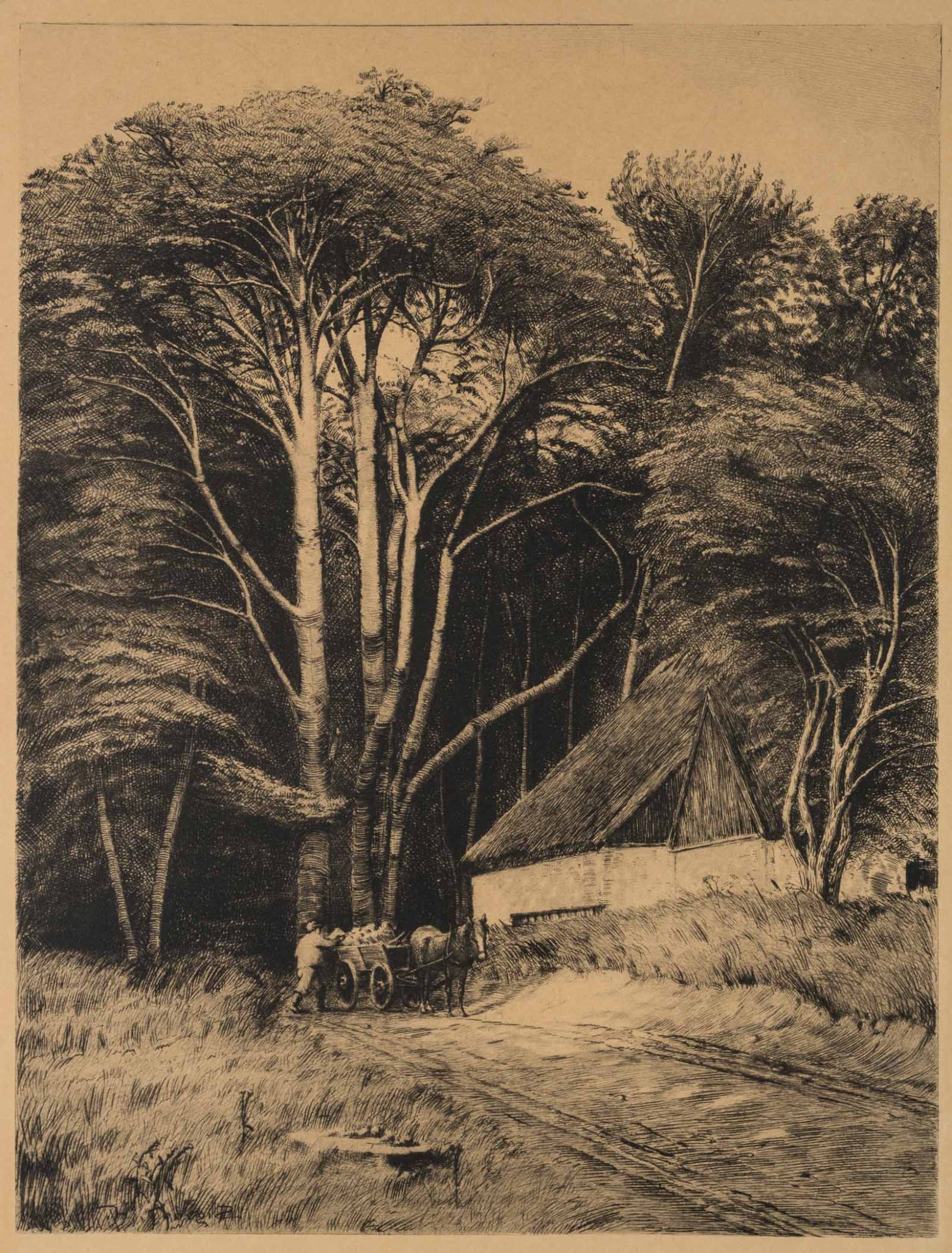 Bauer mit Pferdewagen am Waldrand