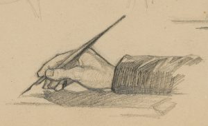 Schreibende Hand mit Schreibfeder
