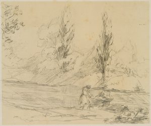 Landschaft mit Dame und Kinderwagen