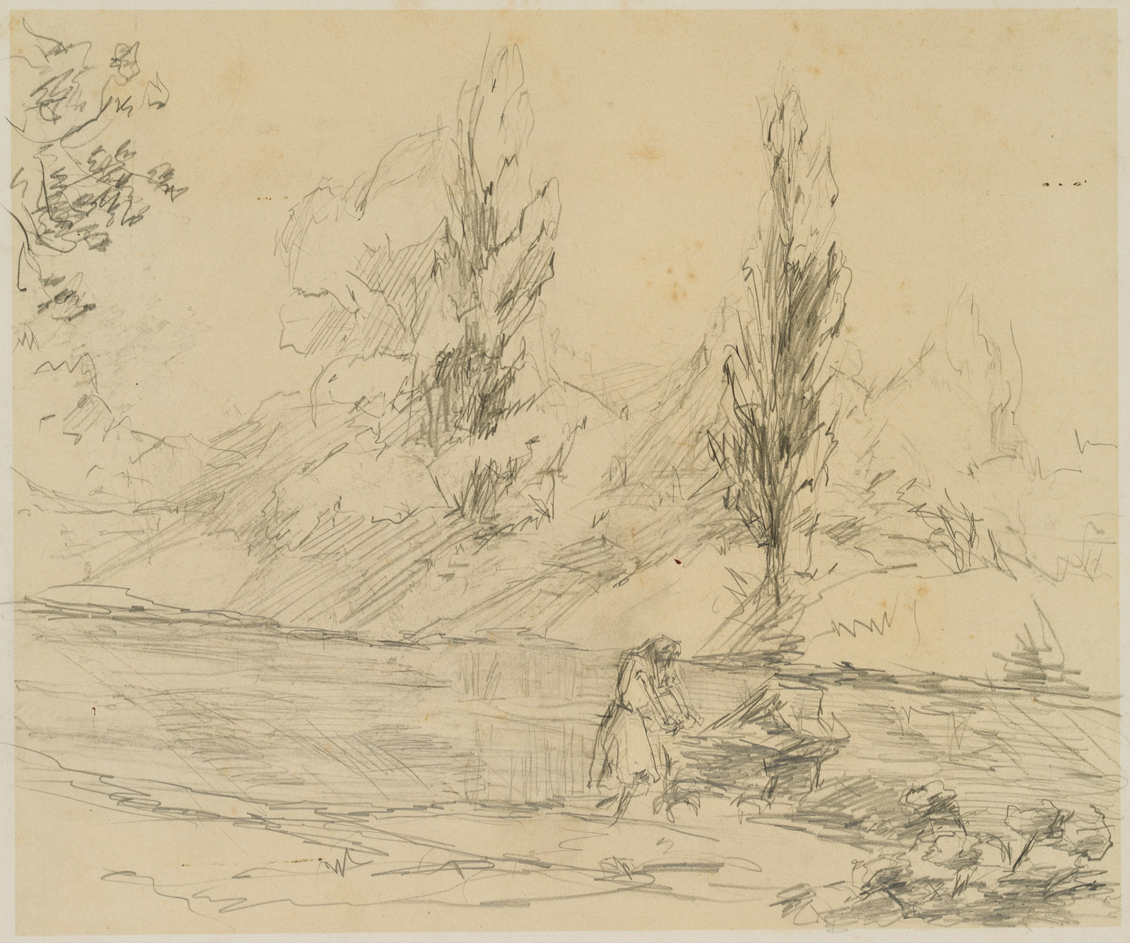 Landschaft mit Dame und Kinderwagen