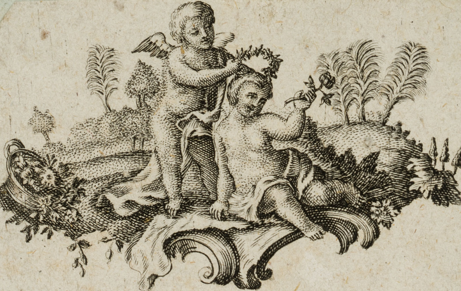 Putten mit Rose und Lorbeerkranz