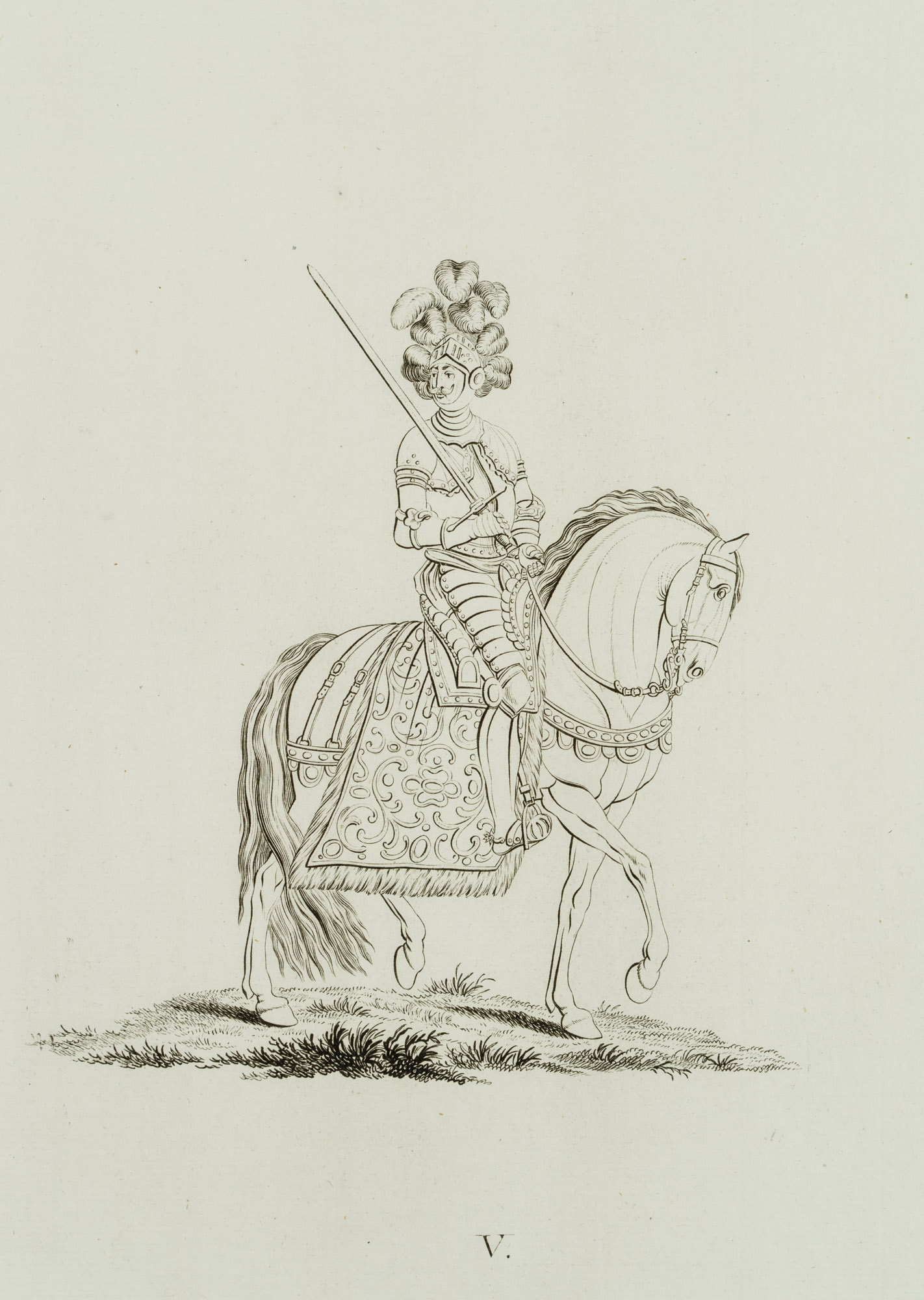 Reiter mit Rüstung und Pferd