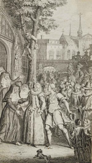 Dramenillustration, Paar mit Nonnen