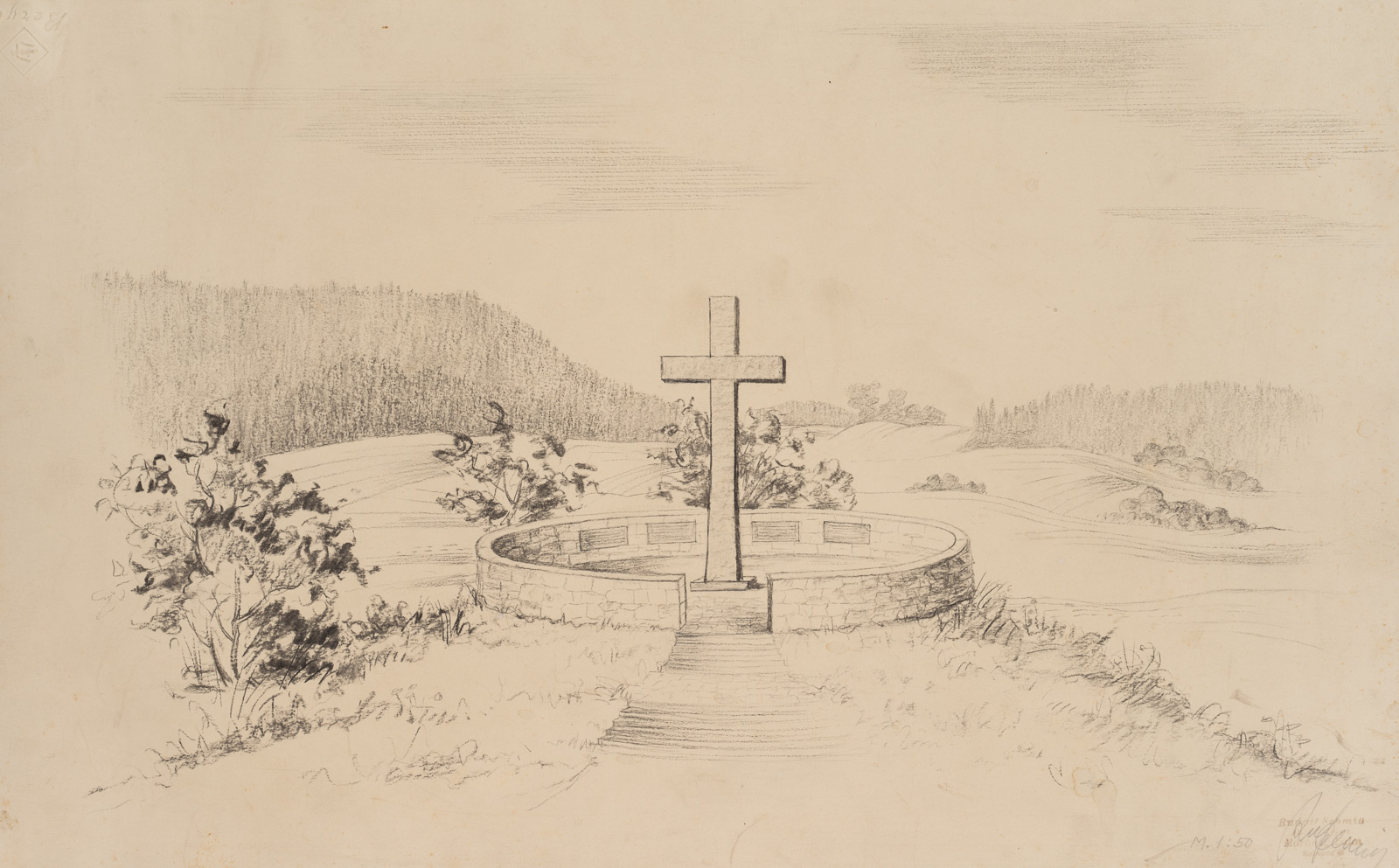 Denkmal mit Kreuz auf einem Plateau