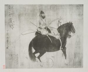 Asiatischer Reiter mit zwei Pferden