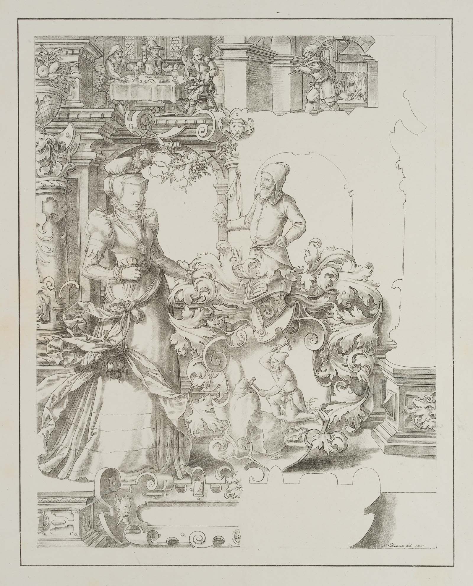 Scheibenriss, Dame und Bergmann