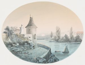 Turm am Fluss und Segelboot