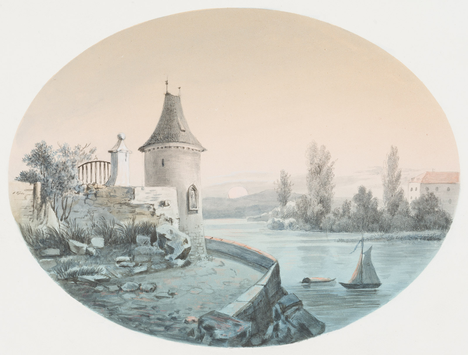 Turm am Fluss und Segelboot