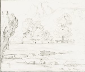 Fluss mit Haus am Gebirgshang